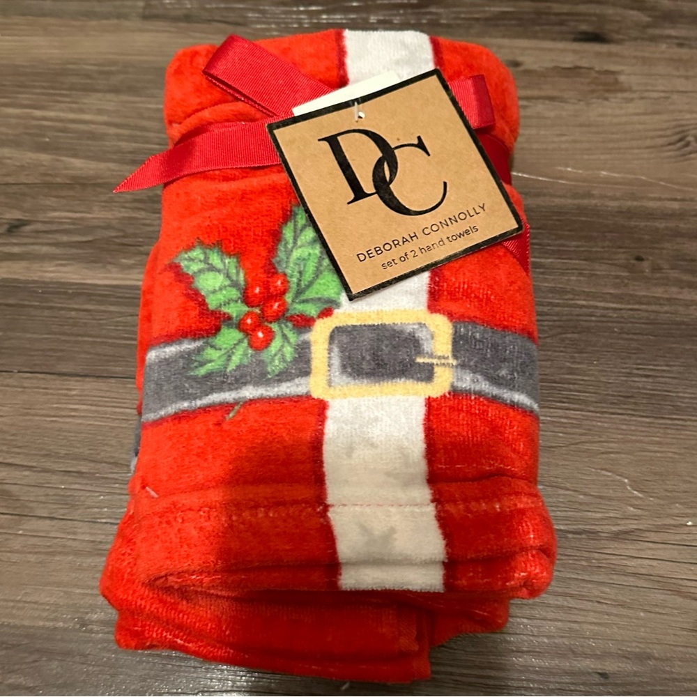 Deborah Connolly Set Of 2 Hand Towels Red Santa's Belt & Holly Leaves Berries
